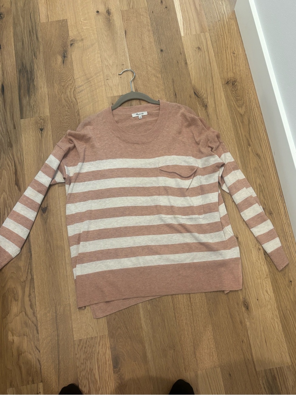 Madewell Dusty Rose and Cream Striped Crewneck Sweater